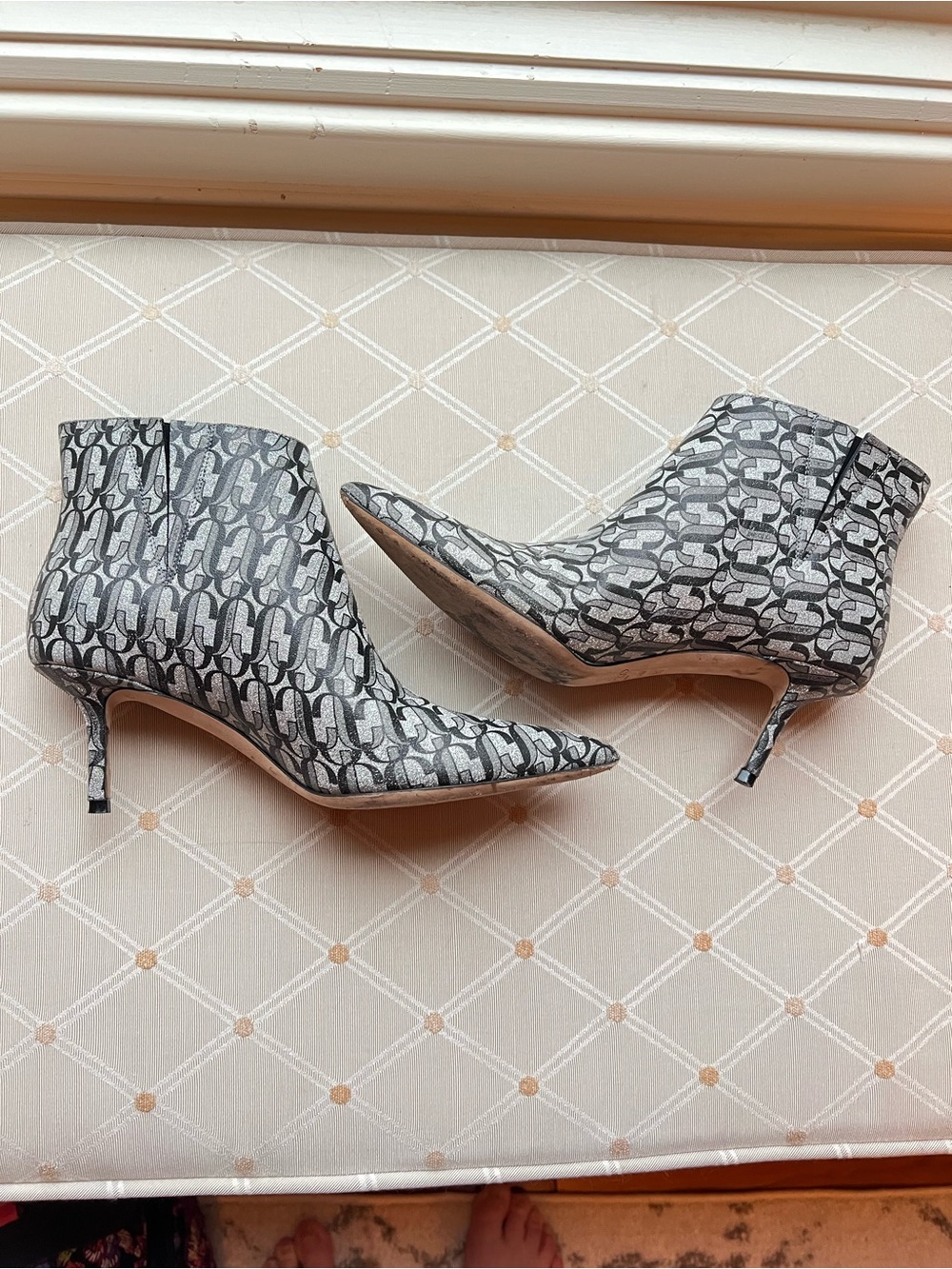 Jimmy Choo Silver & Black Monogram Glitter Kitten Heel Booties EU 36.5 / US 6.5 - Picture 2 of 8